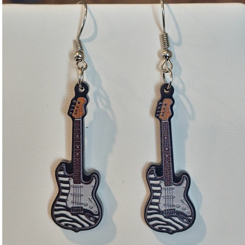 Flat Acrylic Electric Guitar Earrings Black and White Zebra Print Music Musical